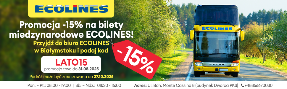 LATO15 -15% kod w biurze Ecolines w Białymstoku